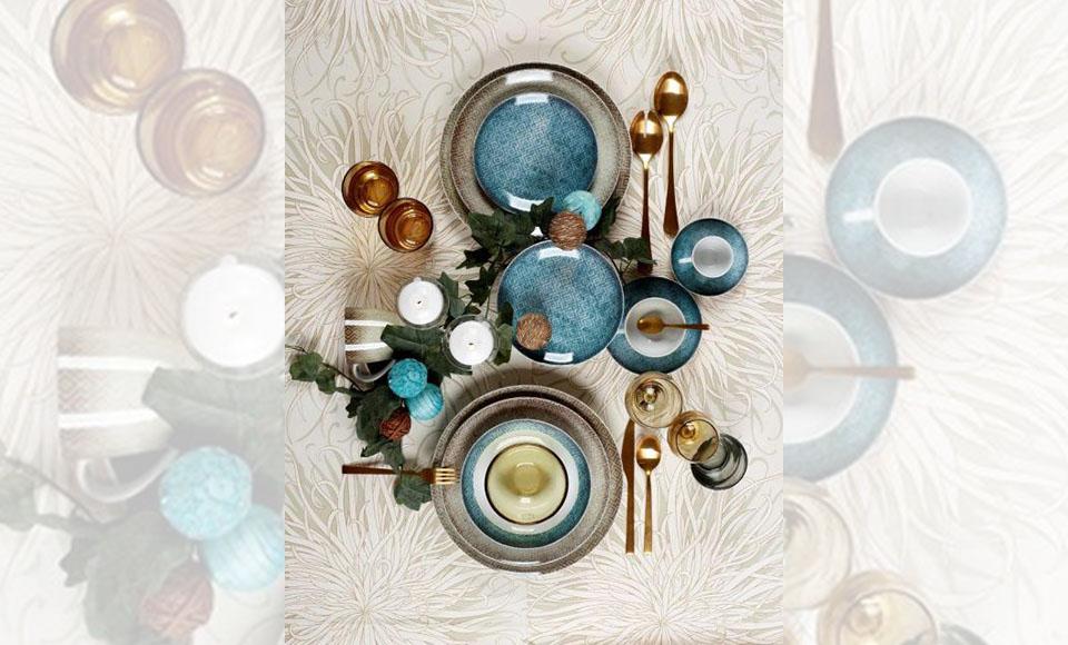 Σετ φαγητού 20 τεμαχίων με γραμμικό σχέδιο σε συνδυασμό του καφέ και μπλε  χρώματος στο σχέδιο La palma  της Cryspo Trio