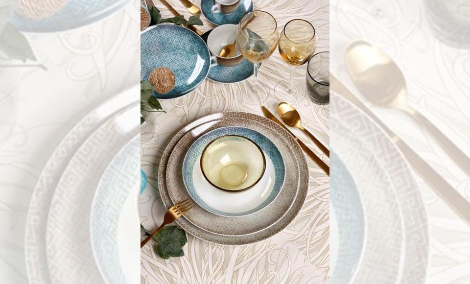 Σετ φαγητού 20 τεμαχίων με γραμμικό σχέδιο σε συνδυασμό του καφέ και μπλε  χρώματος στο σχέδιο La palma  της Cryspo Trio