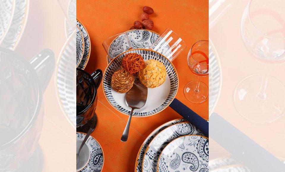 Σετ πιάτα φαγητού 20 τεμάχια με γραμμικό σχέδιο σε απόχρωση του πορτοκαλί και μπλε  στο σχέδιο Nautico της Cryspo Trio 