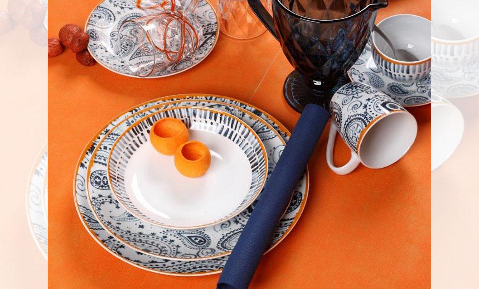 Σετ πιάτα φαγητού 20 τεμάχια με γραμμικό σχέδιο σε απόχρωση του πορτοκαλί και μπλε  στο σχέδιο Nautico της Cryspo Trio 