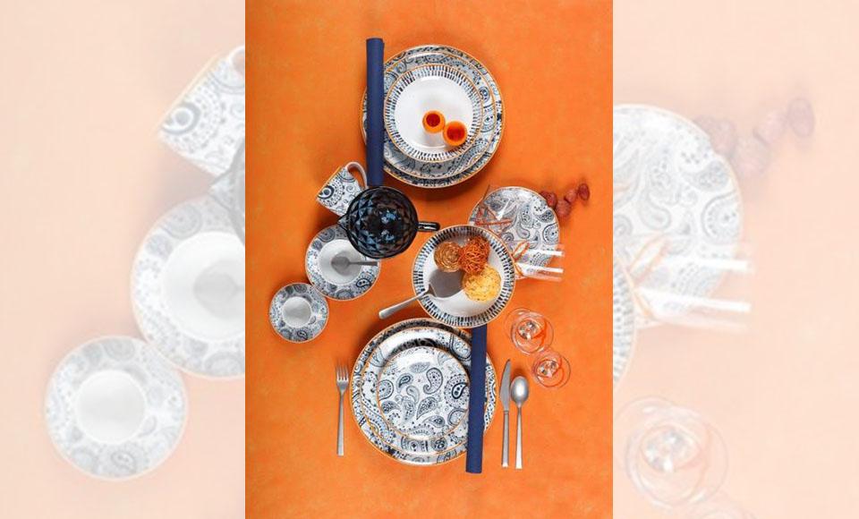 Σετ πιάτα φαγητού 20 τεμάχια με γραμμικό σχέδιο σε απόχρωση του πορτοκαλί και μπλε  στο σχέδιο Nautico της Cryspo Trio 